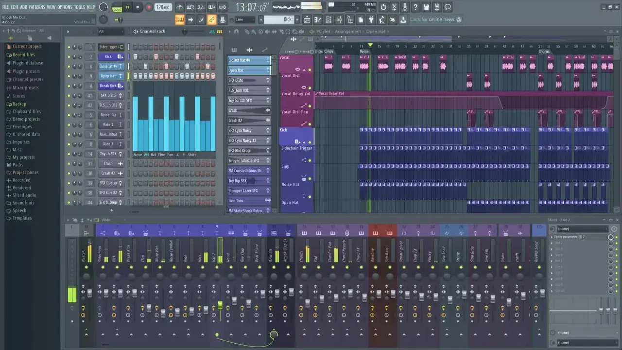 FL Studio-Oberfläche, ideal für Anfänger, zeigt Spuren für Gesang, Kick, Clap und mehr.