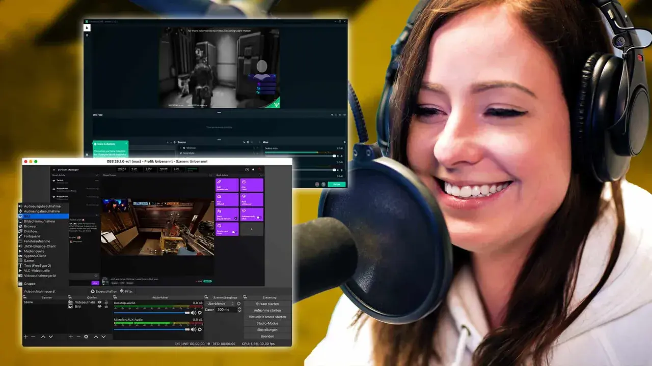 Eine Streamerin mit Kopfhörern lacht vor einem Mikrofon. Im Hintergrund sind OBS-Fenster zu sehen, die das Setup für einen Stream zeigen, inklusive Audio-Mixer mit Mikrofon/AUX-Audio.