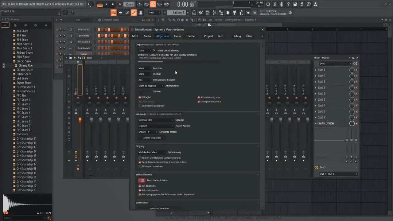 FL Studio Einstellungen: Sprache auf Deutsch umstellen, um das Update zu erleichtern.