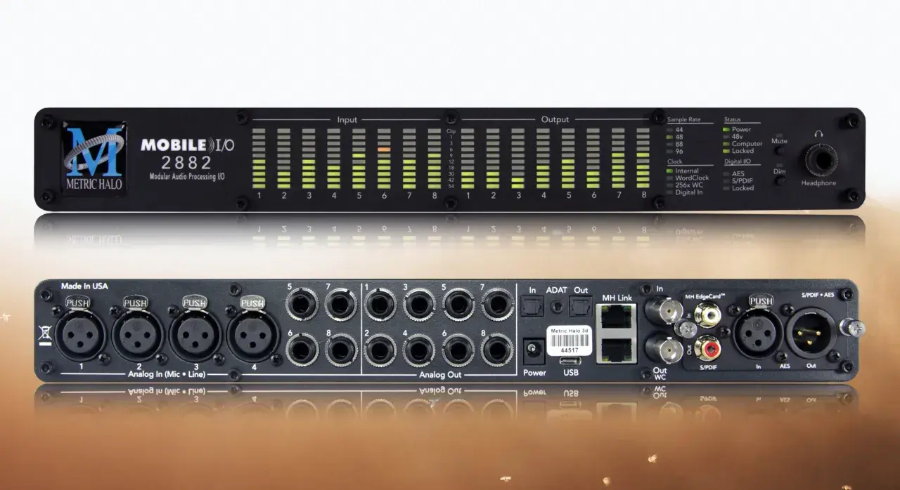 Metric Halo Mobile I/O 2882 mit XLR- und Klinkeneingängen, Pegelanzeigen und verschiedenen digitalen Anschlüssen.