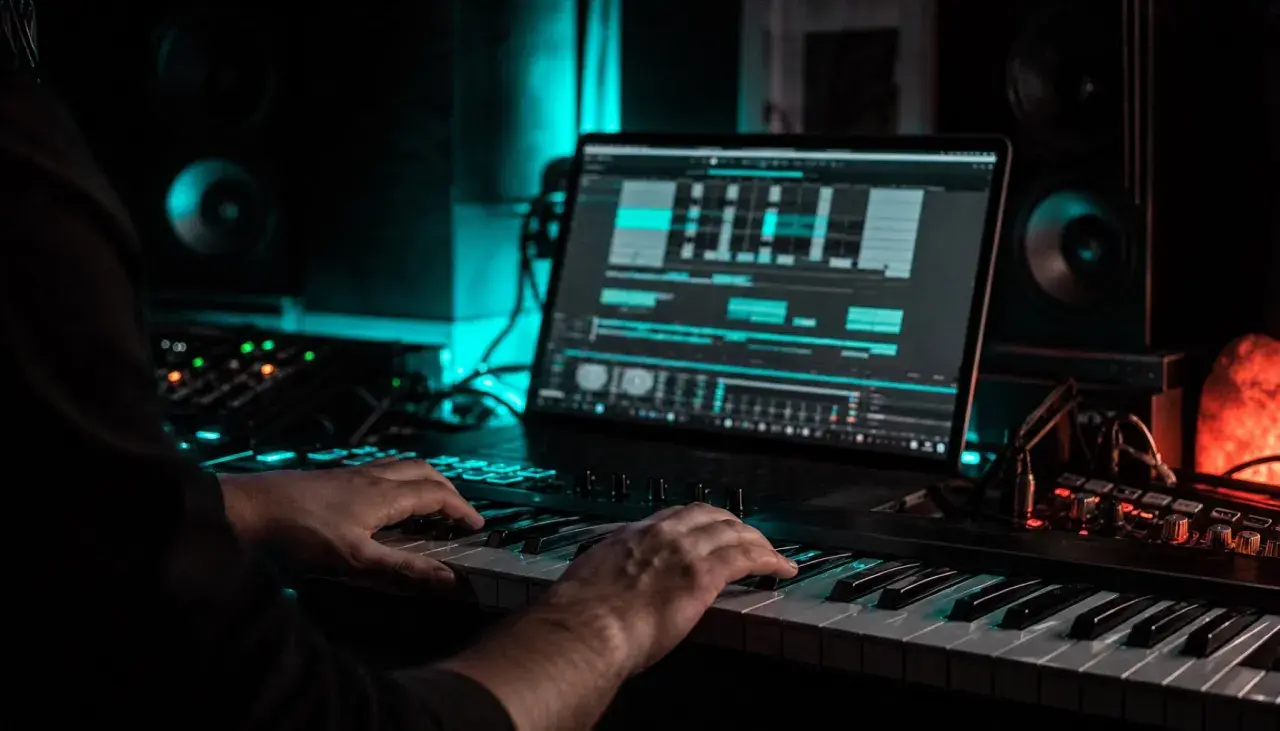 Hände spielen auf einem Keyboard, während auf dem Laptop eine Musikproduktionssoftware läuft, eine tolle fruity loops alternative.