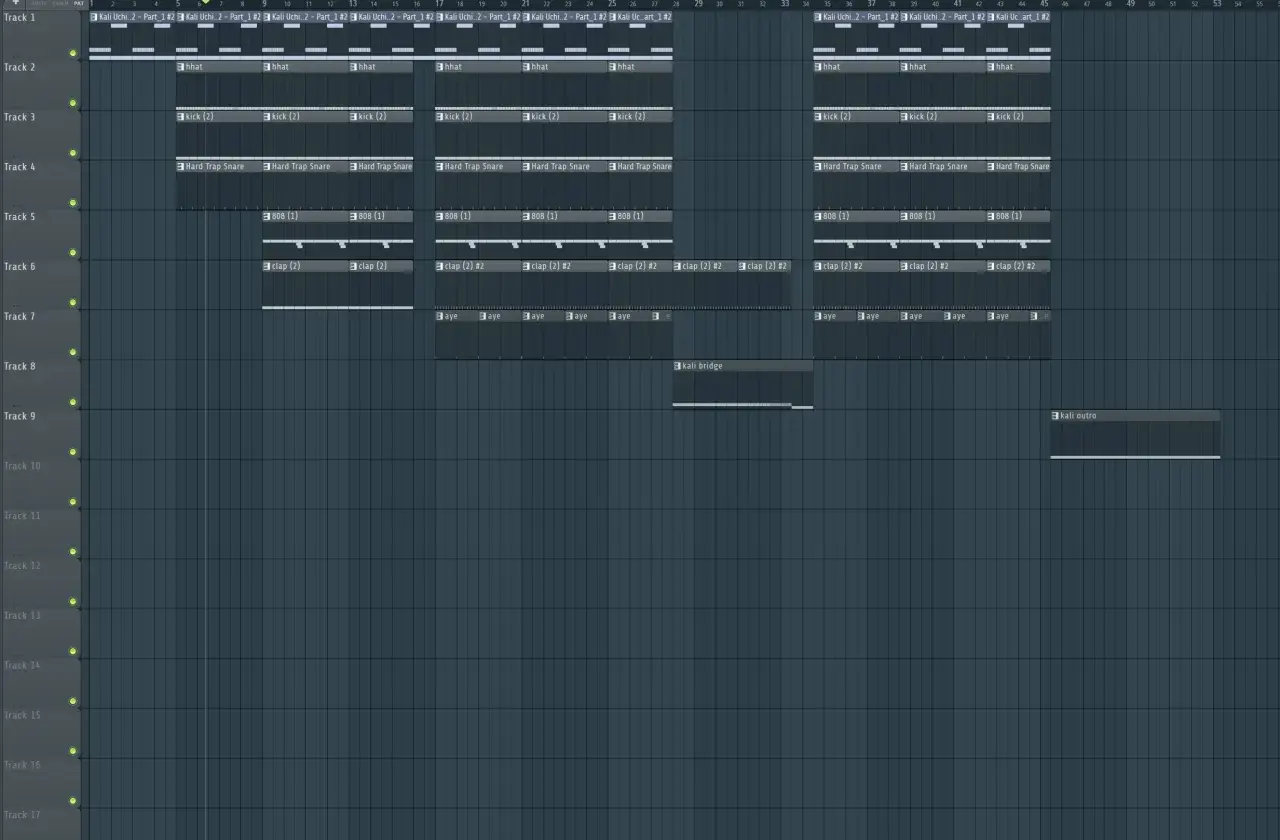 Ein Musikproduktionsprogramm zeigt Spuren mit Schlagzeug-Samples wie Kick, Snare und Hi-Hat. Dies ist eine visuelle Darstellung, wie ein MIDI-File aufgebaut ist.