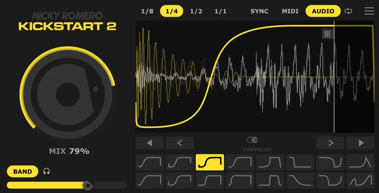 Nicky Romero Kickstart 2 vst plugin: Wellenform-Anzeige, Mix-Regler und Auswahl von Hüllkurvenformen.