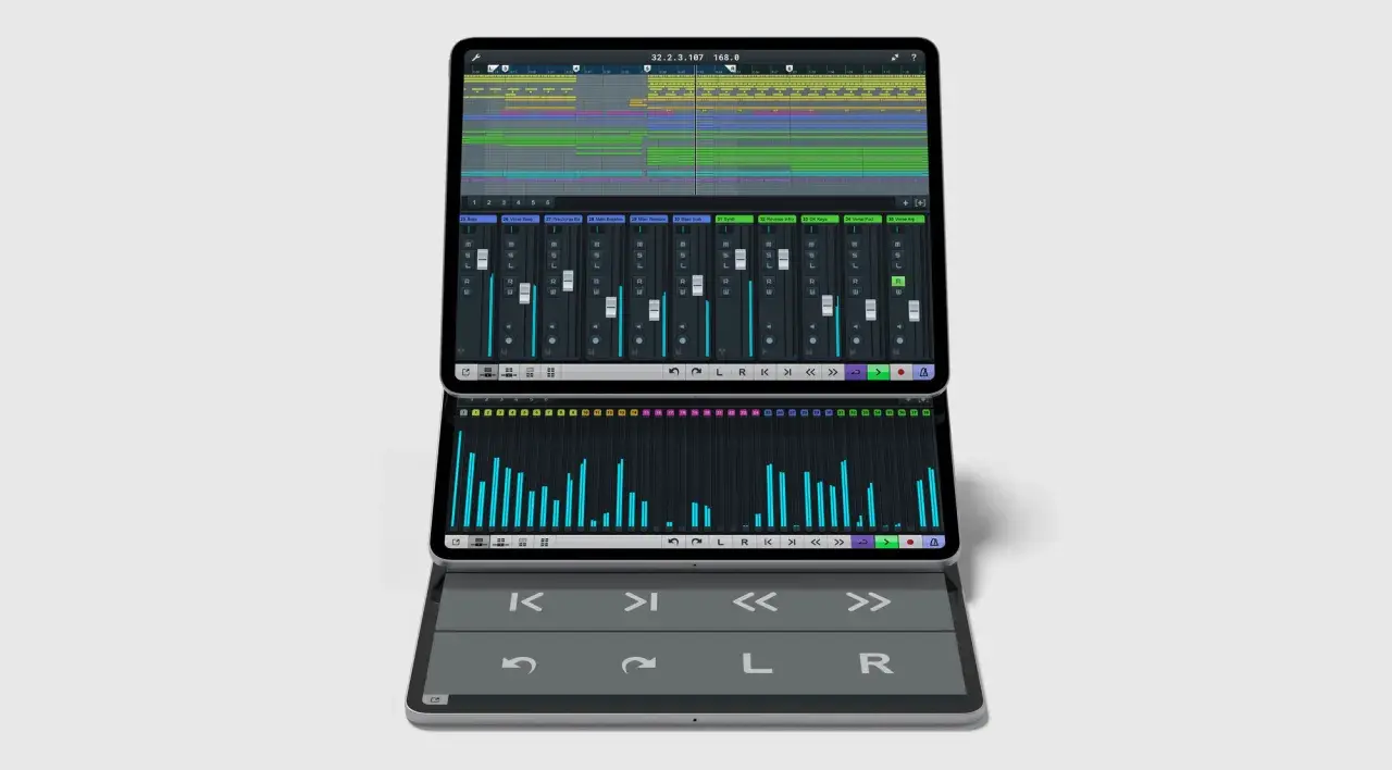 Ein Tablet zeigt die Cubase IC Pro Benutzeroberfläche mit einer Musik-Timeline und Mixer-Fadern.