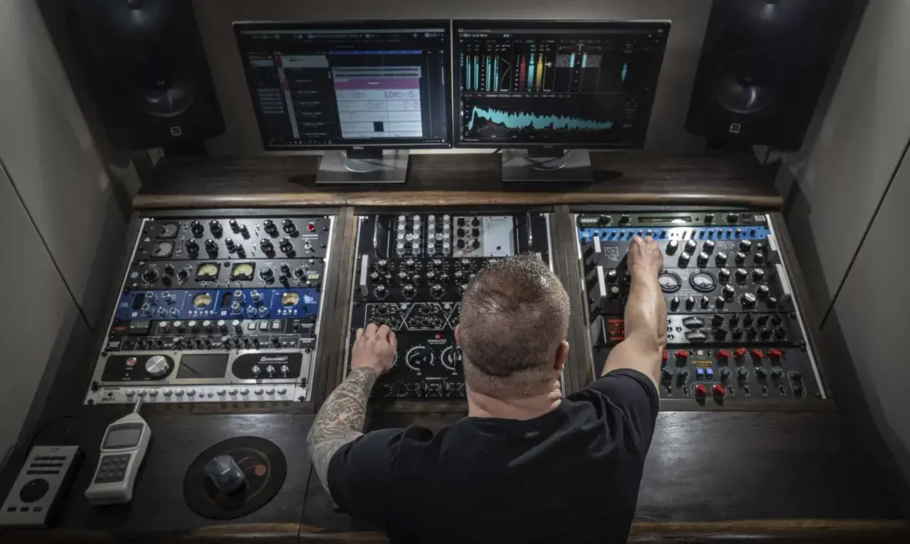 Mann mit Tattoos im Tonstudio, der an Reglern dreht, um einen perfekten pop mix zu kreieren. Monitore zeigen Wellenformen und Spektrumanalysen.