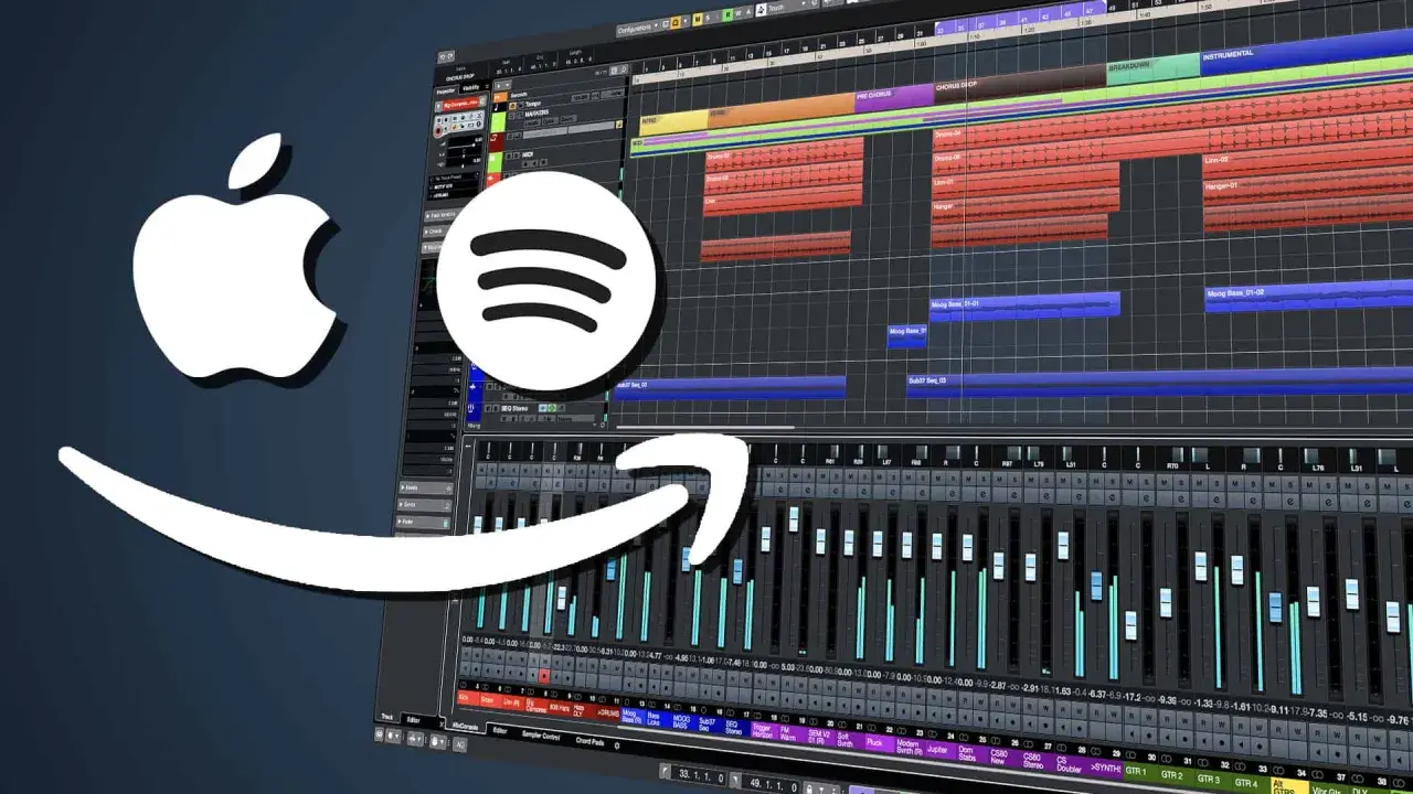Apple, Spotify, Amazon Logos über einer Musikproduktionssoftware, die für best mastering plugins steht.