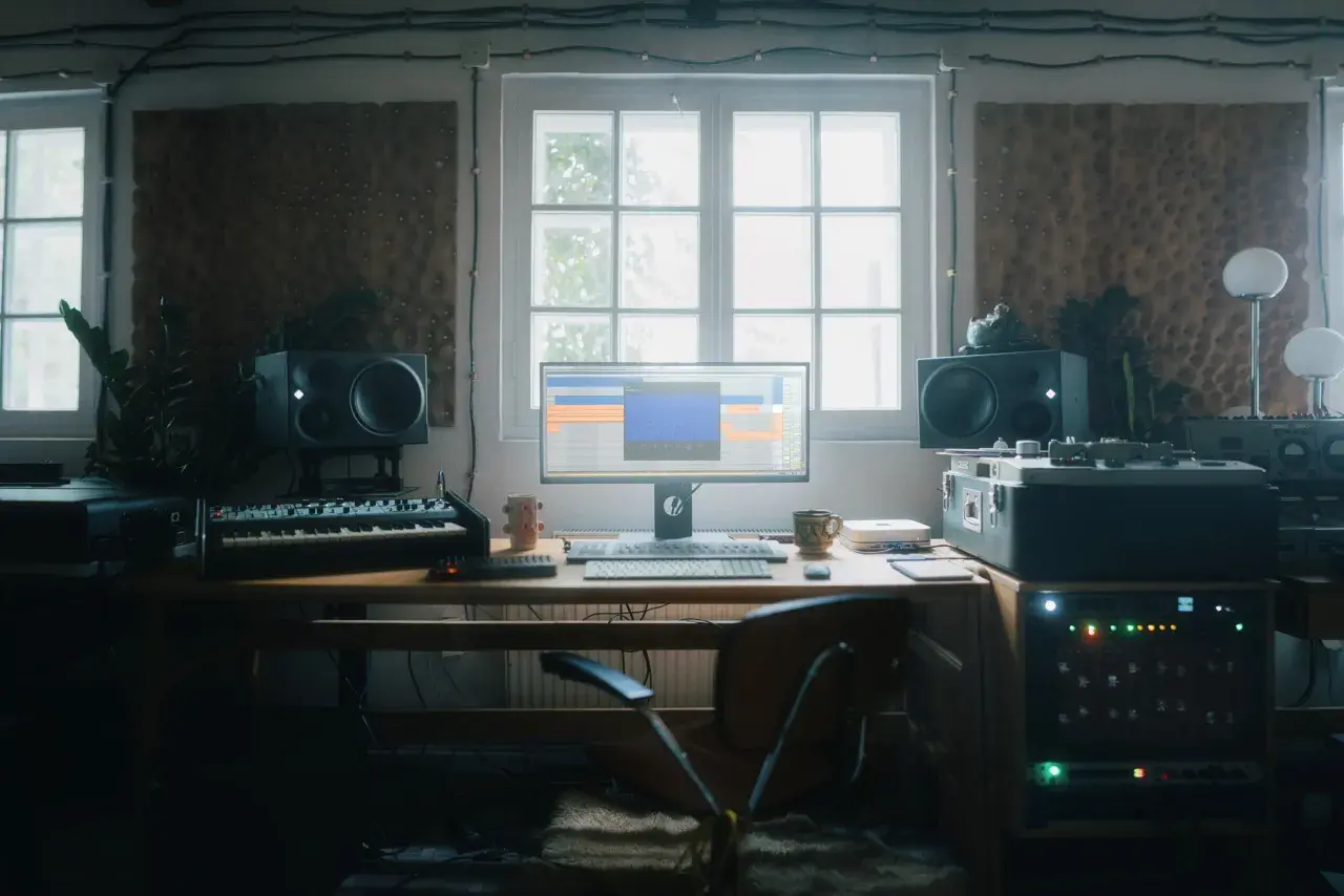 Musikstudio mit Computermonitor, Tastatur, Lautsprechern und Synthesizer. Hier entstehen Klänge mit digitalen und analogen felt instruments.