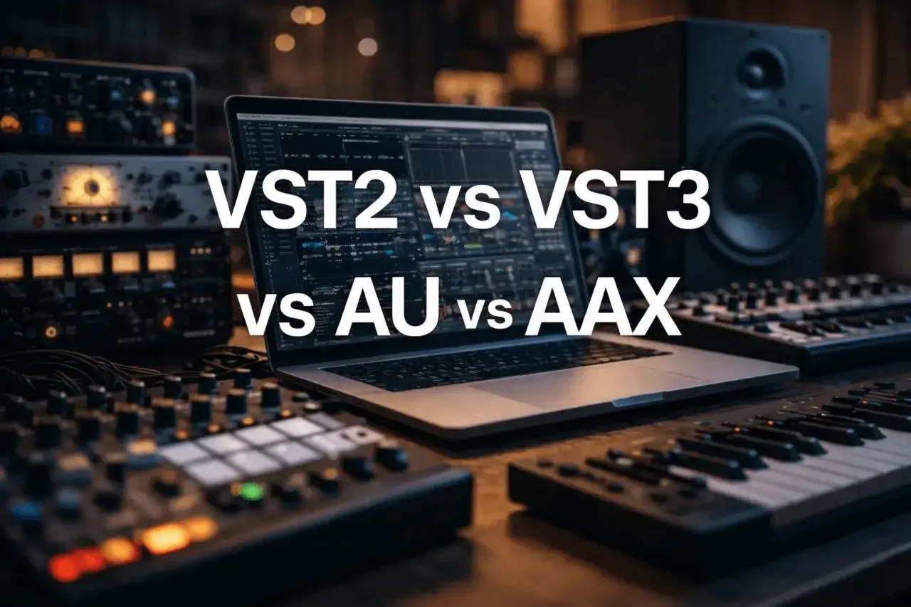 Musikproduktion: VST2 vs VST3, AU vs AAX. Ein Laptop mit DAW, Keyboards und Studio-Equipment.