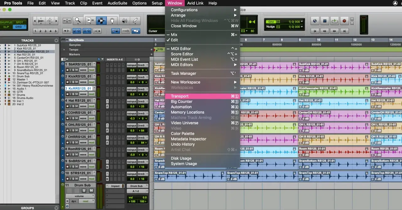 Pro Tools Menü "Window" zeigt "Transport" an, nützlich für pro tools shortcuts.