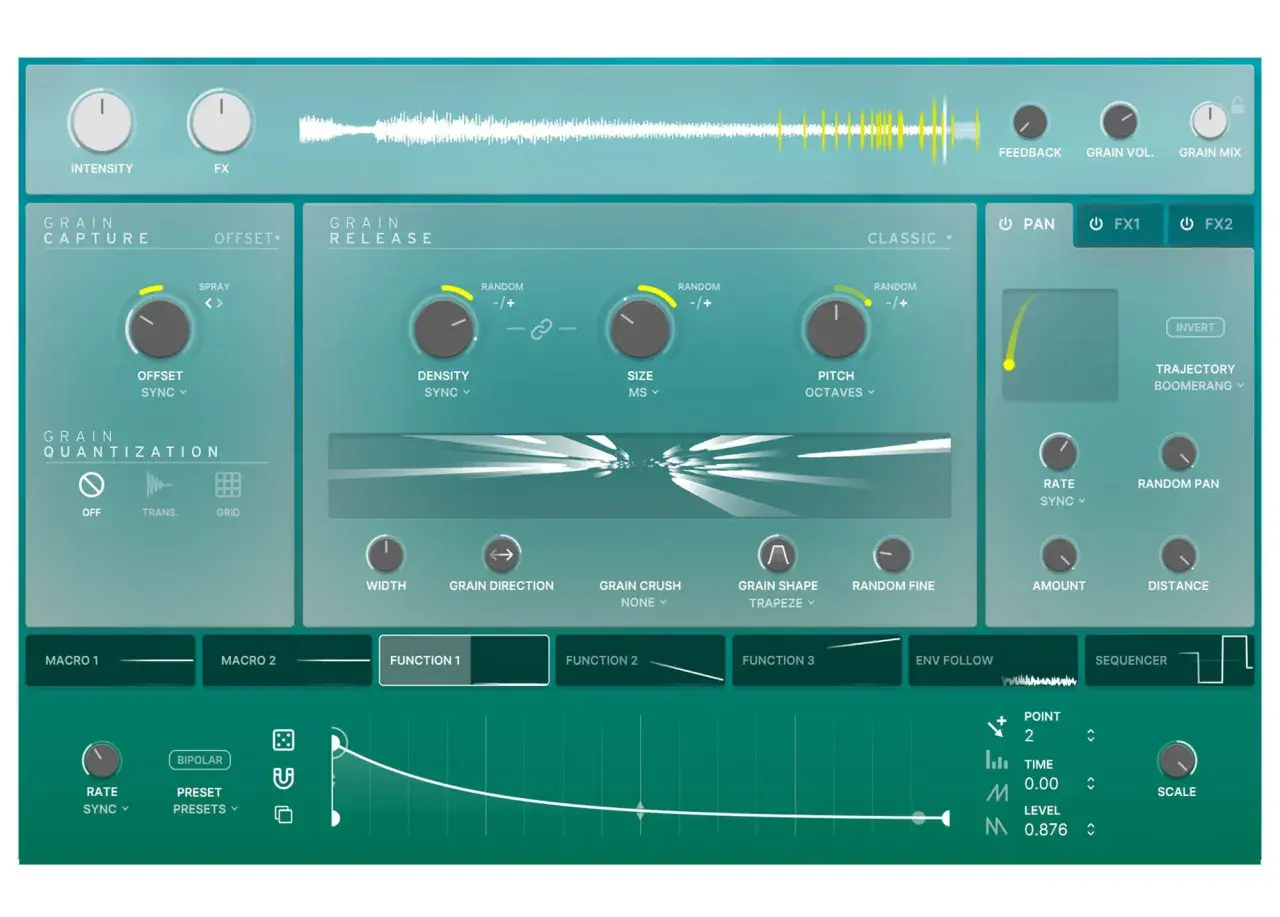 Digitales Audio-Interface mit Reglern für "Grain Capture", "Grain Release" und "Grain Quantization", zur Erzeugung von EFX Fragments.