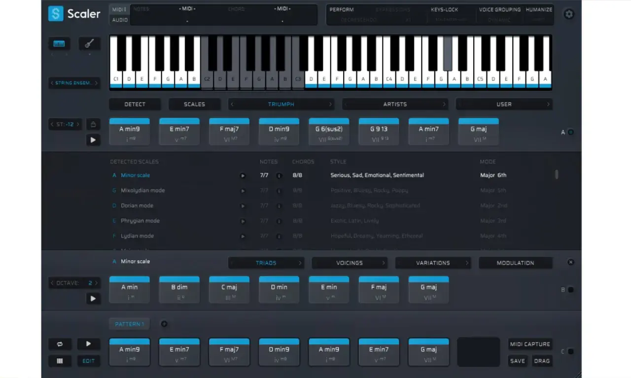 Musiksoftware mit virtueller Klaviatur, Akkorden und Skalen. Der auto key-Assistent hilft bei der Komposition.