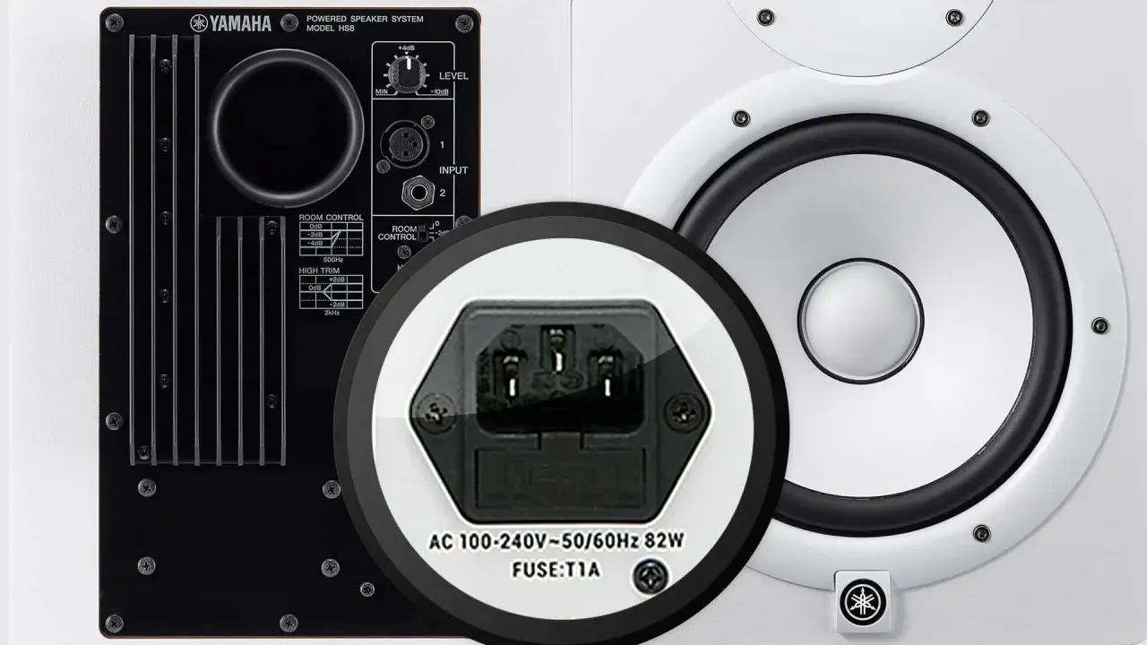 Yamaha HS8: aktive Lautsprecher mit integriertem Verstärker und Anschlüssen. Im Detail: Stromanschluss und Regler für aktive vs. passive Lautsprecher.