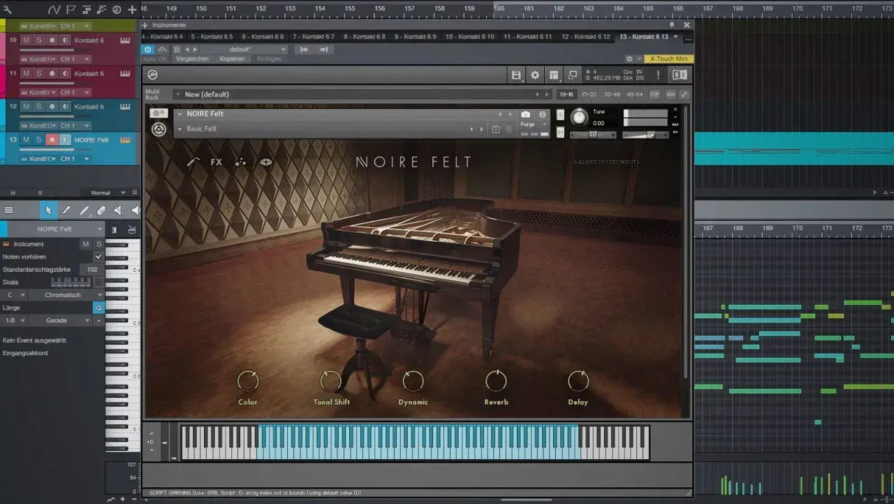 Native Instruments NOIRE Felt: ein virtuelles Klavier-Instrument mit einem Flügel und Reglern für Klang, Dynamik und Effekte.