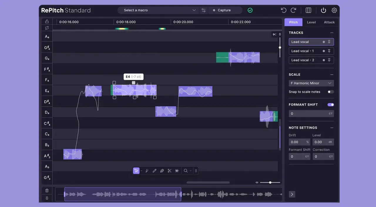 Bearbeitung von Gesangsspuren in RePitch Standard. Die Software ermöglicht präzise Tonhöhenkorrekturen für einen autotune free Sound.