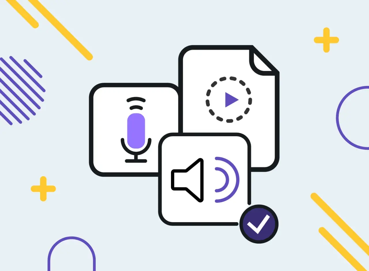 Illustration mit Mikrofon, Lautsprecher und Play-Button. Perfekt für m4a-Dateien und Audio-Uploads.