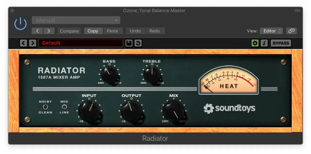 Ein digitales Audio-Plugin mit Reglern für Bass, Treble, Input, Output und Mix. Ein Messgerät zeigt "HEAT" an. Der Name des Plugins ist "Radiator".