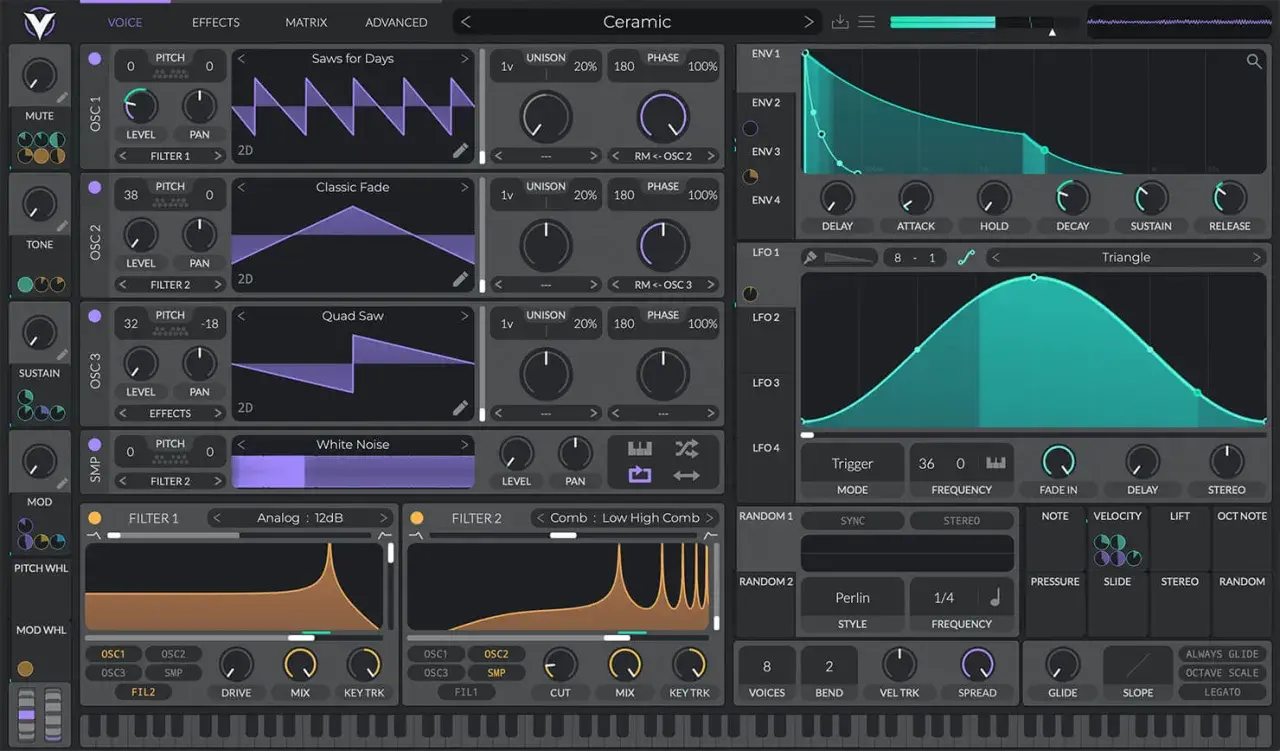 Synthesizer-Interface mit Wellenformen, Reglern und LFOs. Hier gibt es viele Möglichkeiten, um mit den **ableton plugins free** einzigartige Sounds zu kreieren.