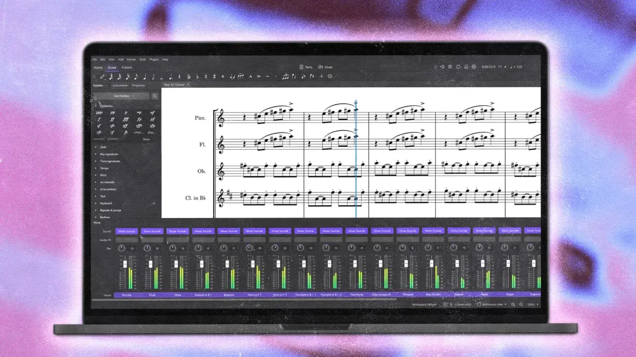 Notenblatt mit Instrumenten-Mixer auf einem Laptop. Erleben Sie MuseScore für Ihre musikalischen Ideen.