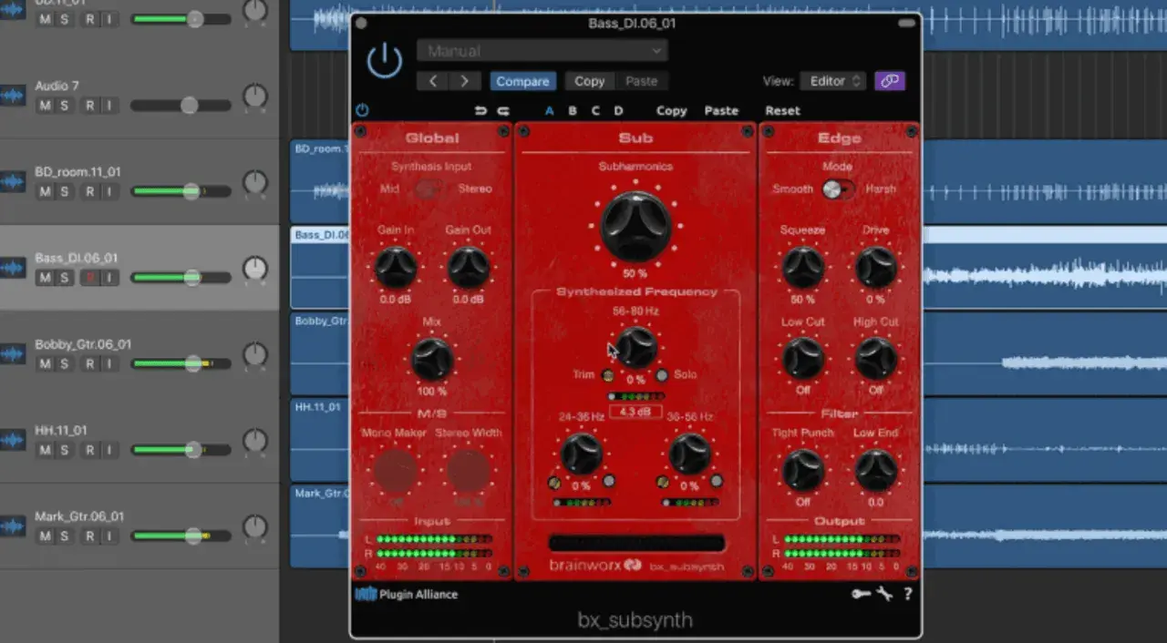 Ein rotes Plugin-Fenster mit Reglern für einen Bass-Amp-VST. Es zeigt die Einstellungen für Subharmonics, Edge und Filter.