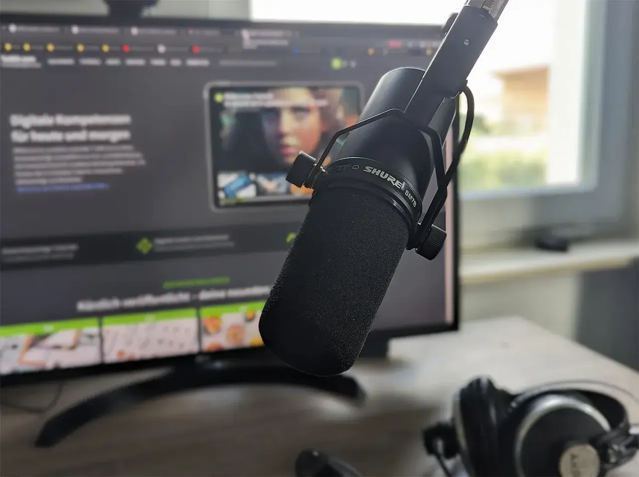 Mikrofon Shure SM7B vor einem Monitor mit Webseite, Kopfhörer daneben. Für klare Aufnahmen ohne noise floor.