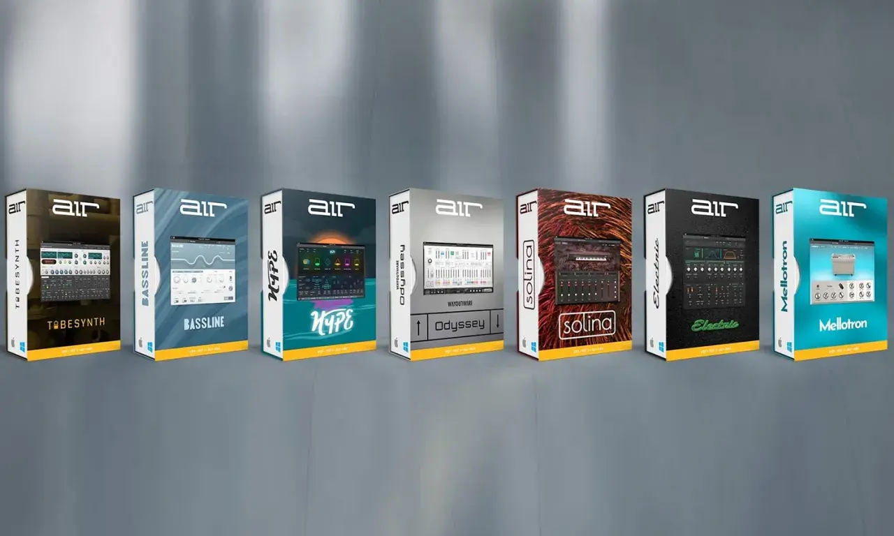 Reihe von Software-Boxen für Musikproduktion: AIR TB-303, Bassline, Hype, Odyssey, Solina, Electric, Mellotron. Fortschrittliche air music technology.