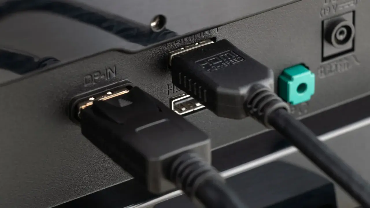 DisplayPort-Kabel und HDMI-Kabel sind angeschlossen. Ja, DisplayPort trägt Audio.