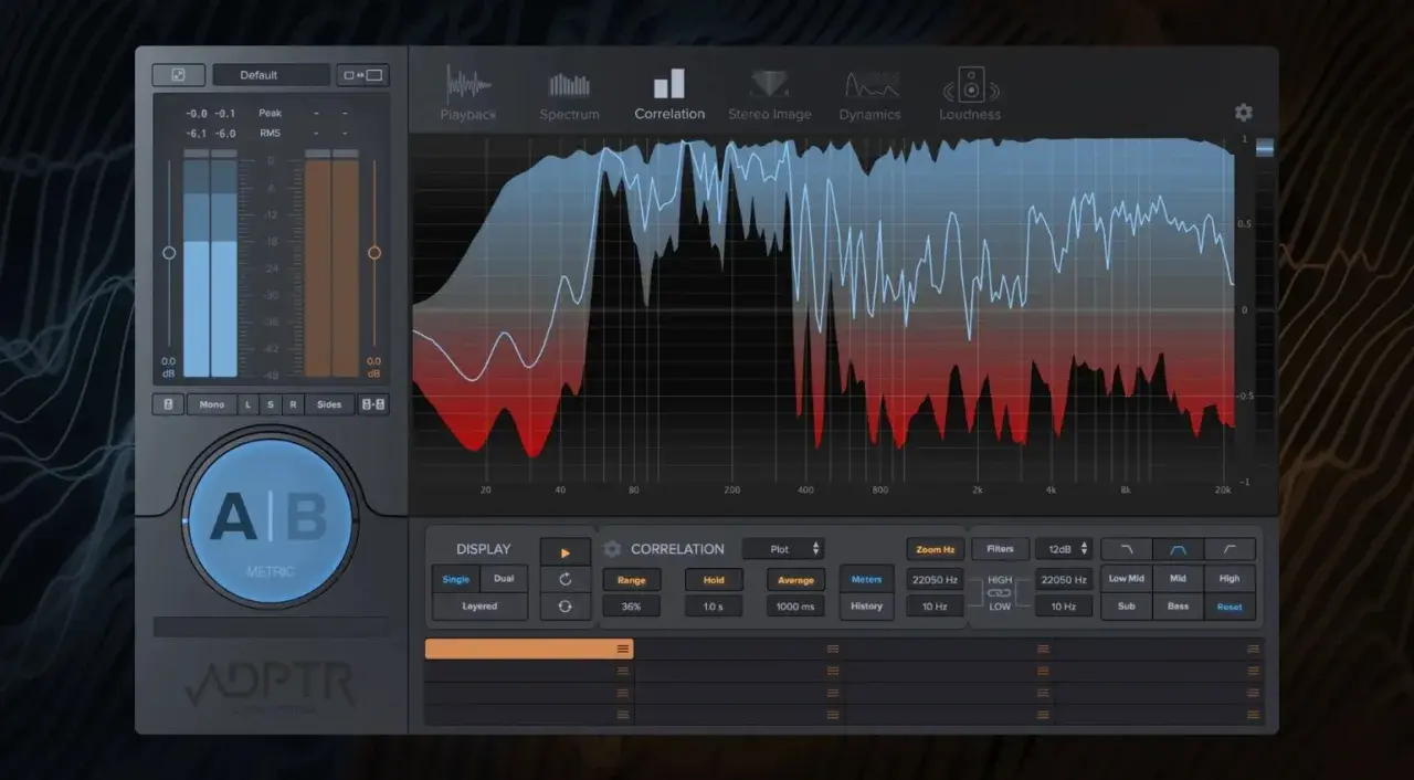 Das Interface des ADPTR Audio Systems zeigt ein Korrelationsdiagramm, das für die Analyse von Stereosignalen mit einem reference plugin nützlich ist.