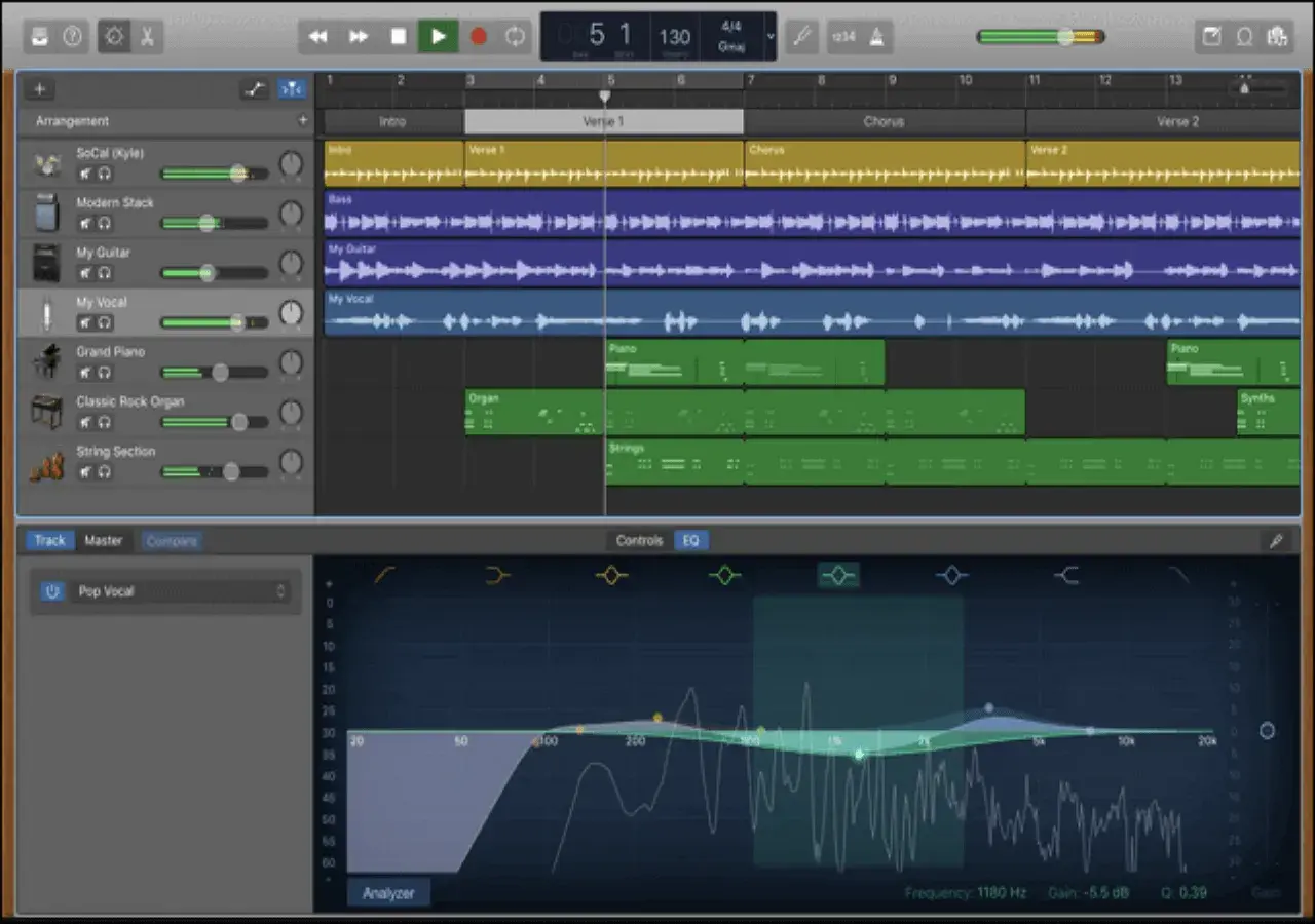 Digital audio workstation showing tracks for vocals, guitar, piano, and synths. The voice recorder software displays an EQ graph for "Pop Vocal".