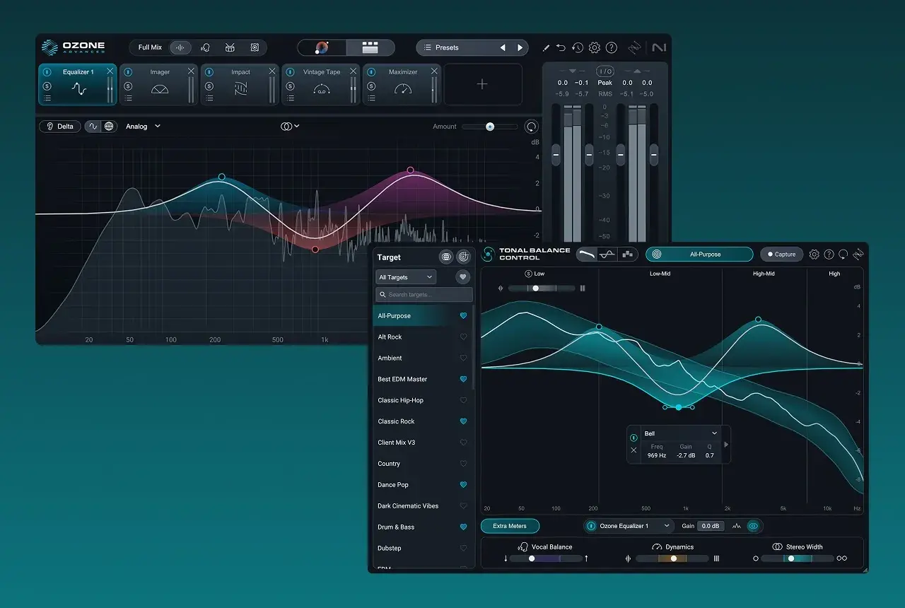 Ozone Tonal Balance Control zeigt Equalizer-Kurven und Frequenzbänder für eine ausgewogene Klanggestaltung.