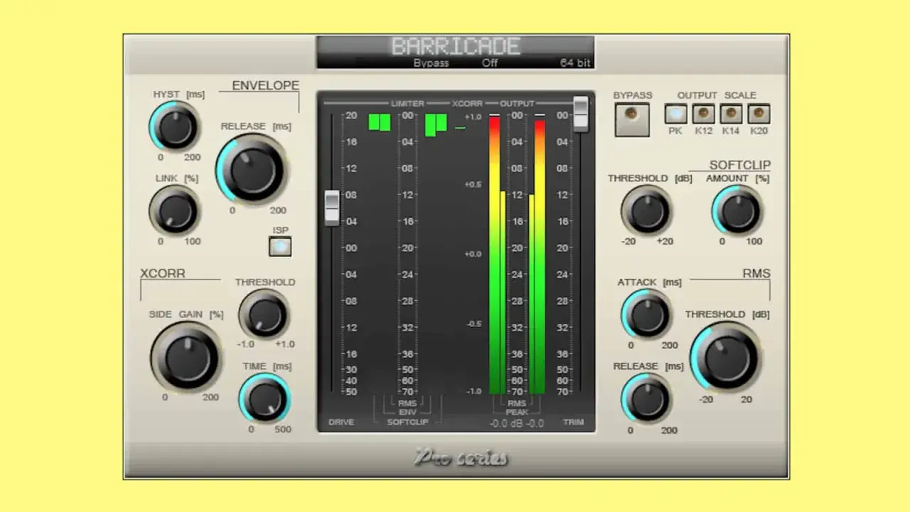 Barricade Limiter VST: Ein digitales Audio-Plugin mit Reglern für Hysteresis, Release, Link, XCorr, Side Gain, Attack und Threshold.