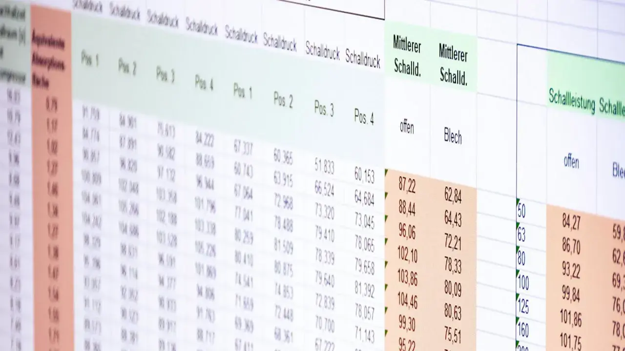 Tabellenkalkulation mit Schallmesswerten. Die Daten zeigen eine Gewichtung von Schallereignissen.