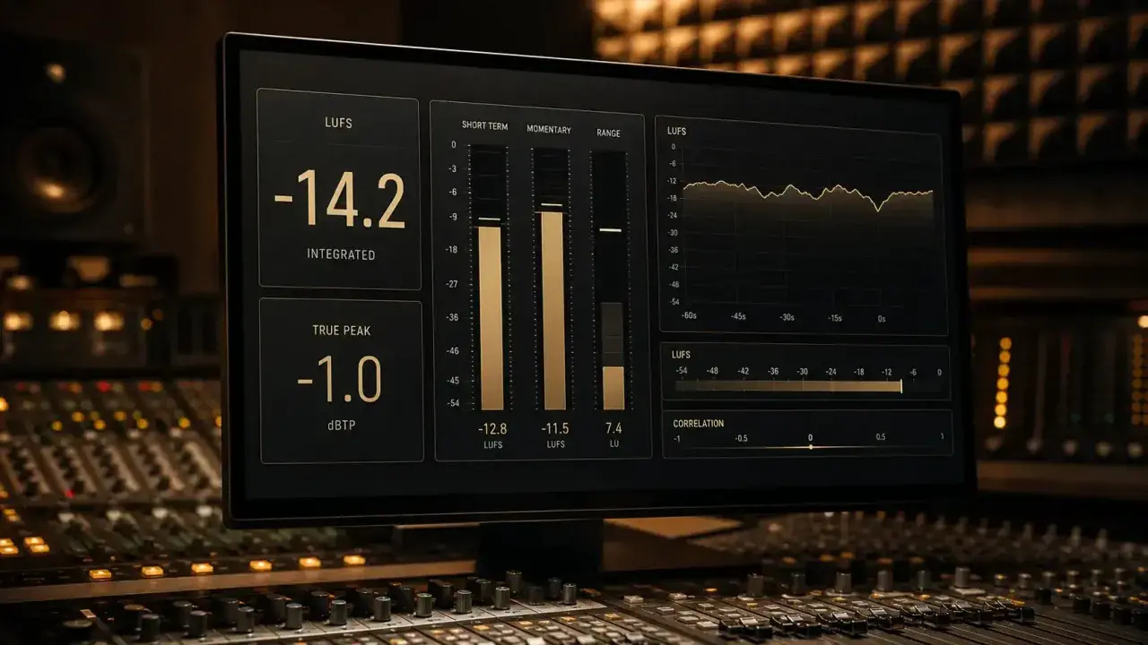 Monitor in einem Tonstudio zeigt Audio-Messwerte, darunter LUFS und TRUE PEAK bei -1.0 dBTP.