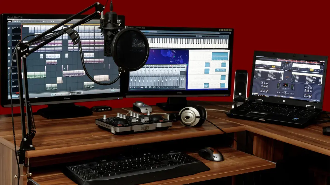 Ein Musikstudio mit zwei Monitoren, Mikrofon, Kopfhörern und einem Laptop. Perfekt für die Erstellung von **intro sounds**.