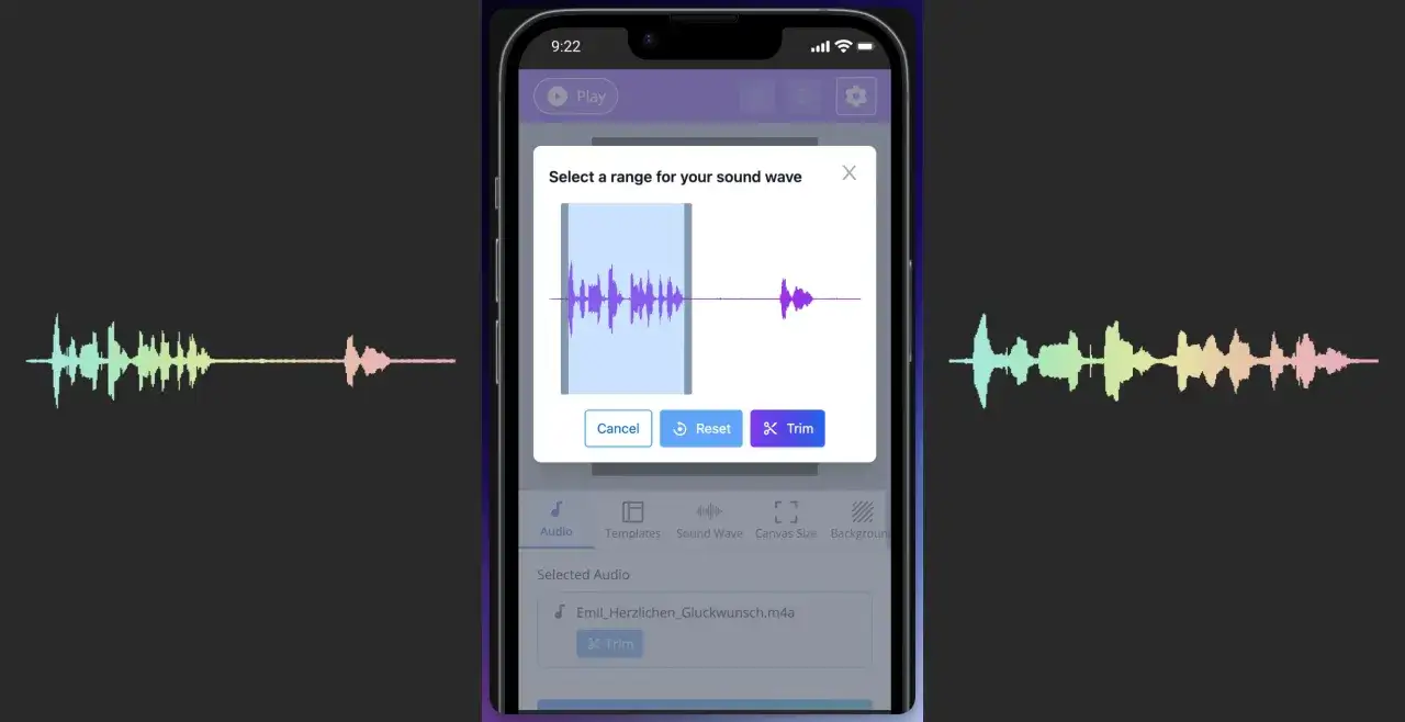 App zur Bearbeitung von Intro Sounds: Ein Pop-up fordert zur Auswahl eines Bereichs der Schallwelle auf, um den gew&uuml;nschten Ausschnitt zu trimmen.