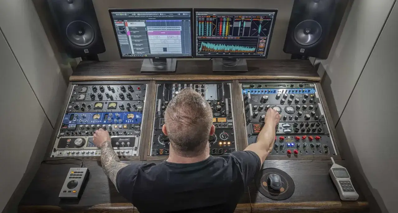 Mann mit Tattoos am Arm optimiert den Sound für Vinyl Mastering an einem Mischpult mit vielen Reglern und Monitoren.