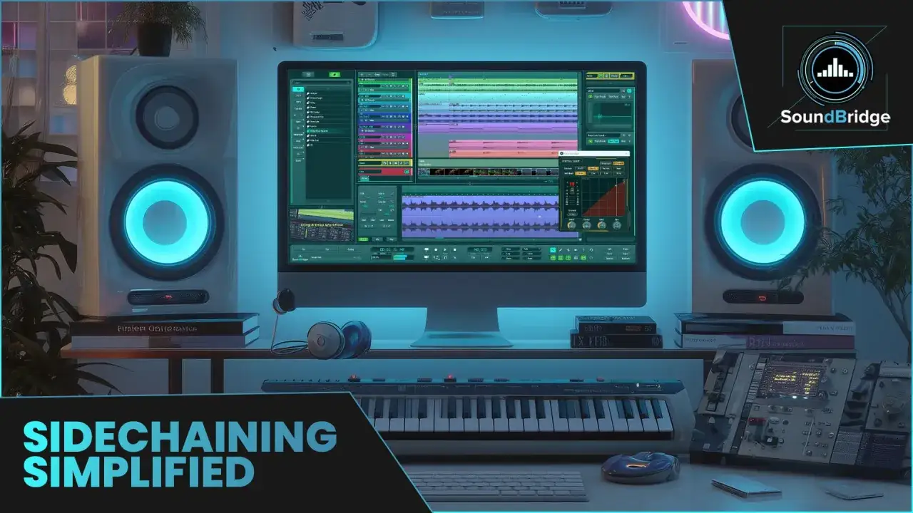 Musikproduktion mit Ableton: Ein Studio mit Lautsprechern, Computer und Keyboard. Der Bildschirm zeigt eine DAW, die für Sidechaining-Effekte genutzt wird.