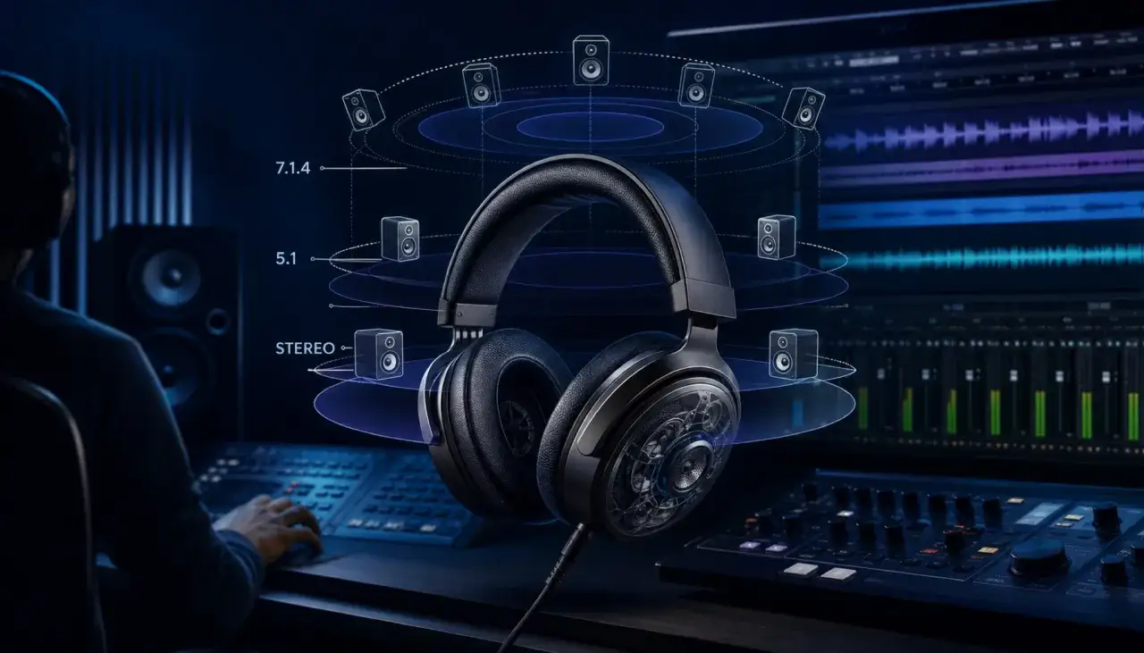 Kopfhörer im Fokus, umgeben von Lautsprechersymbolen, die spatial audio-Effekte wie 7.1.4 und 5.1 darstellen. Im Hintergrund ein Tontechniker am Mischpult.