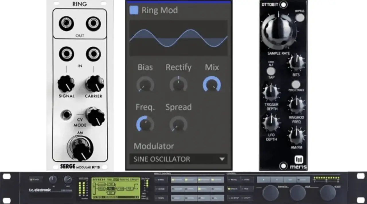 Drei Ger&auml;te f&uuml;r Musikproduktion: ein Serge Ring Modulator-Modul, eine Software-Oberfl&auml;che f&uuml;r Ring Mod und ein Meris Ottobit-Effektpedal.