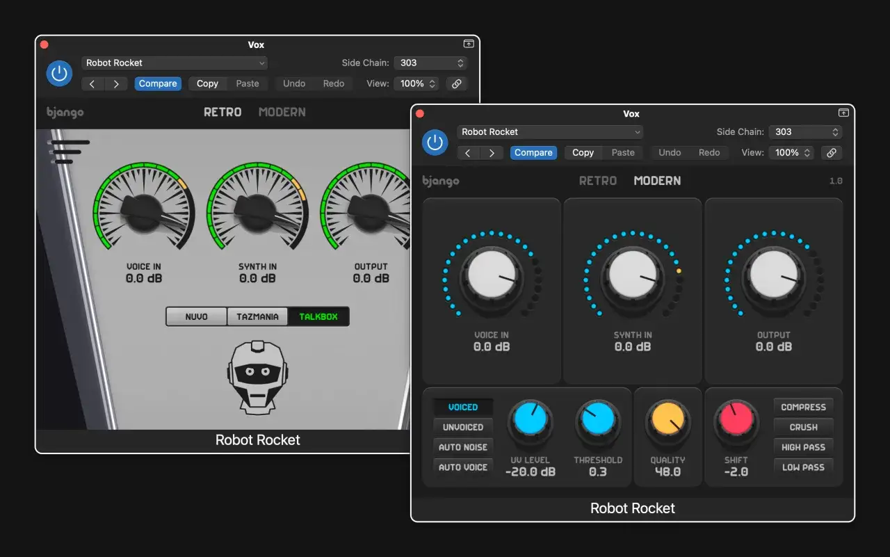 Bjango Robot Rocket: ein Ableton Vocoder Plugin mit Retro- und Modern-Modi, Reglern für Voice In, Synth In und Output.