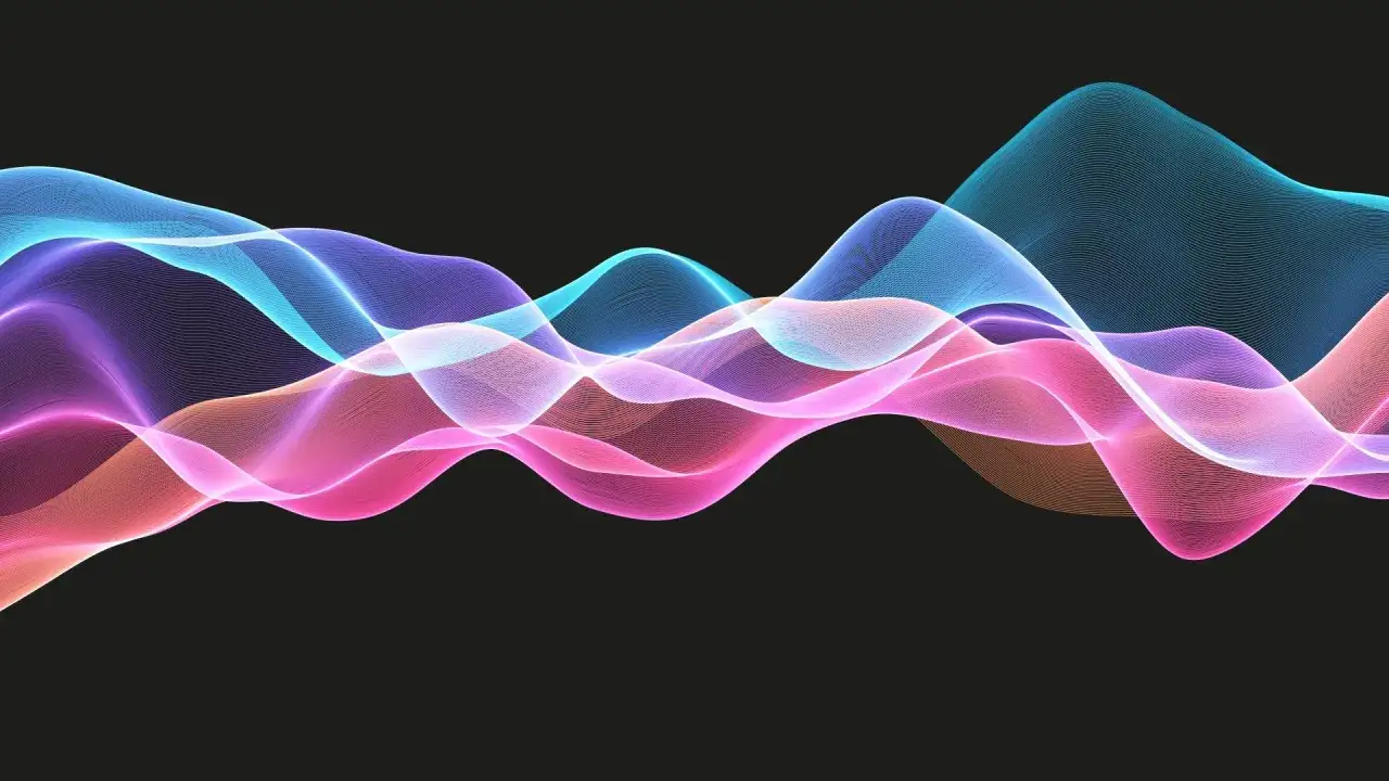 Abstrakte, leuchtende Wellen in Blau, Lila und Rosa, die sich wie ein reverb effect &uuml;ber einen schwarzen Hintergrund schl&auml;ngeln.