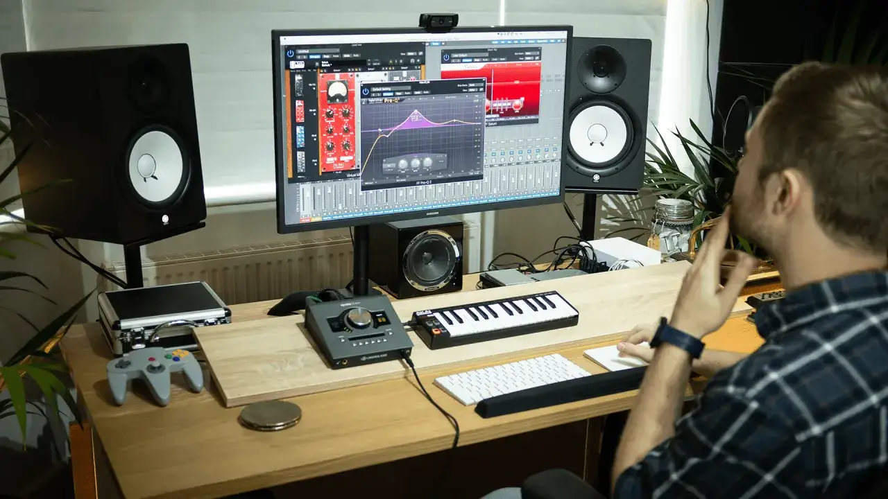 Mann sitzt am Schreibtisch und macht Musik. Ein Monitor zeigt eine DAW-Software, daneben Lautsprecher, ein Keyboard und ein Audio-Interface.