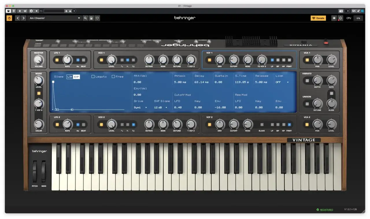 Behringer Retrologue 2 Synthesizer-Software mit virtuellen Reglern und Tastatur. Ein Preset namens 