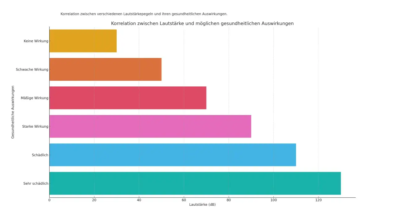 Balkendiagramm zeigt die Korrelation von Lautstärkepegeln mit gesundheitlichen Auswirkungen. Je lauter, desto stärker die gesundheitliche Auswirkung, mit einer deutlichen Gewichtung auf