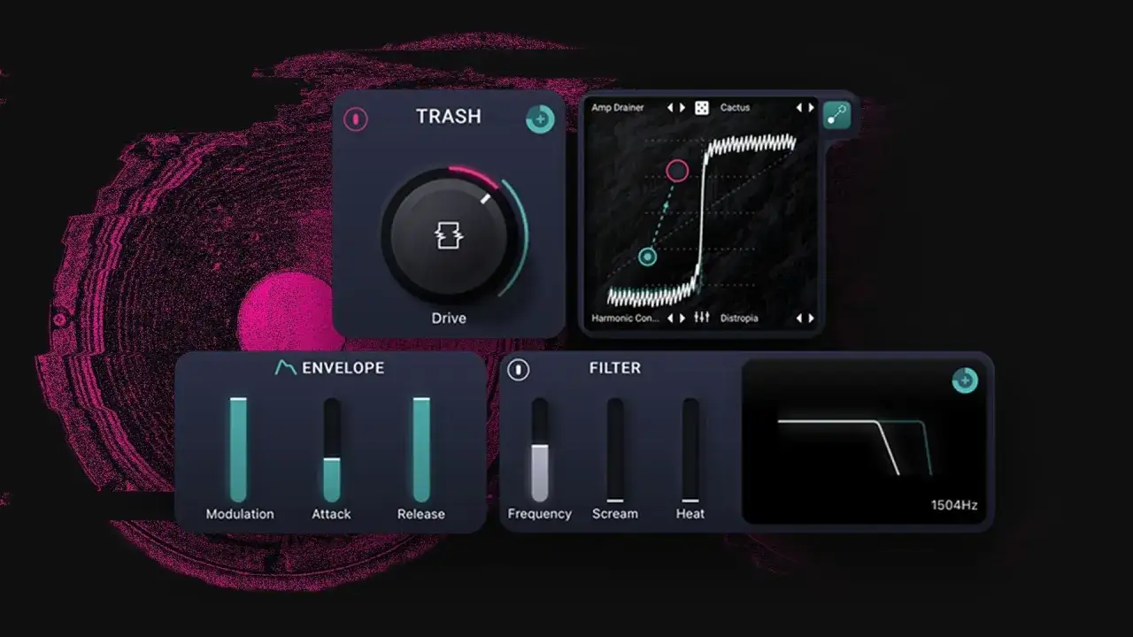 Digitale Audio-Effekte: TRASH, ENVELOPE und FILTER. Ein grafisches Interface mit Wellenformen und Reglern, das für Sounddesign und Musikproduktion genutzt wird.