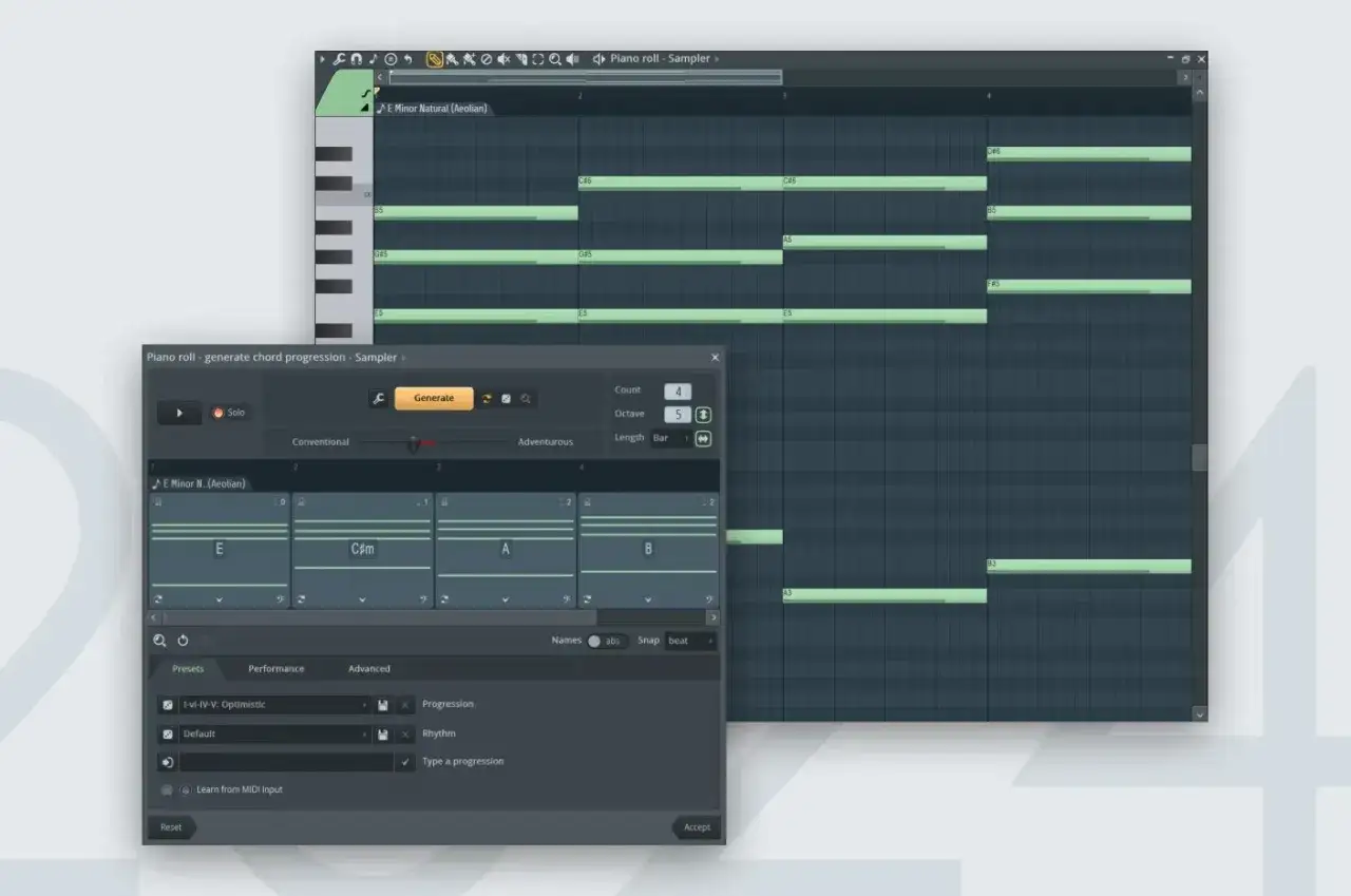 Musikproduktion mit dem Scaler 2 Plugin. Akkordfolgen werden im Piano Roll Editor generiert und angezeigt.