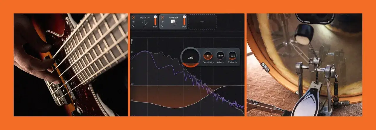 Bassgitarre, Equalizer-Grafik und Bassdrum-Pedal. Ein vst plugin kickstart (vst) zur Klangbearbeitung.
