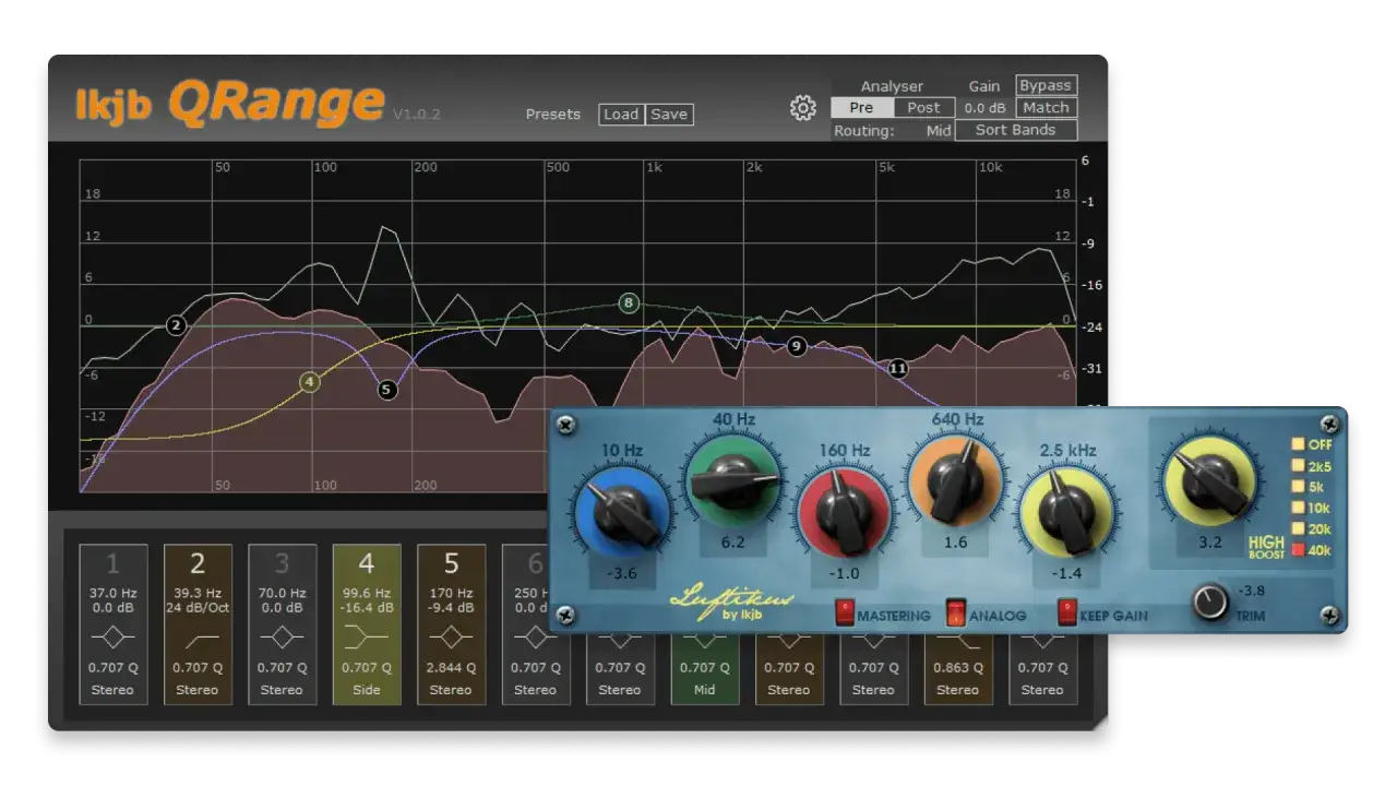 Ikjb QRange: ein kostenloser EQ-Plugin mit detaillierter Frequenzanalyse und intuitiven Reglern f&uuml;r pr&auml;zises Audio-Tuning.