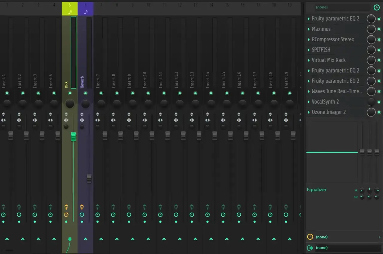 FL Studio Mixer mit Effekten wie VFX und Reverb. Hier lassen sich free vocal presets für FL Studio einstellen.