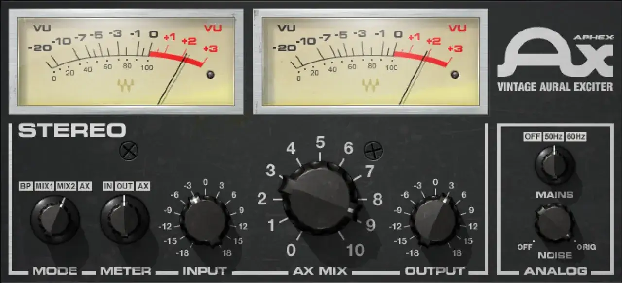 Das Bedienfeld des Aphex Vintage Aural Exciter Plugins mit VU-Metern und Reglern.