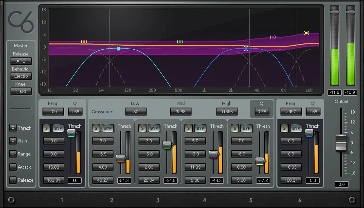 Ein Multiband-Kompressor-Plugin mit grafischer Darstellung der Frequenzb&auml;nder und Reglern zur Klangbearbeitung.